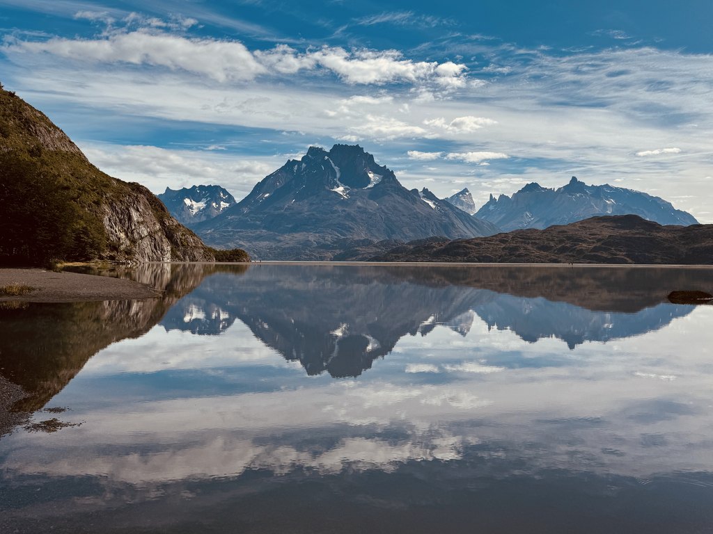 Patagonian mountains reflected in Lake Grey